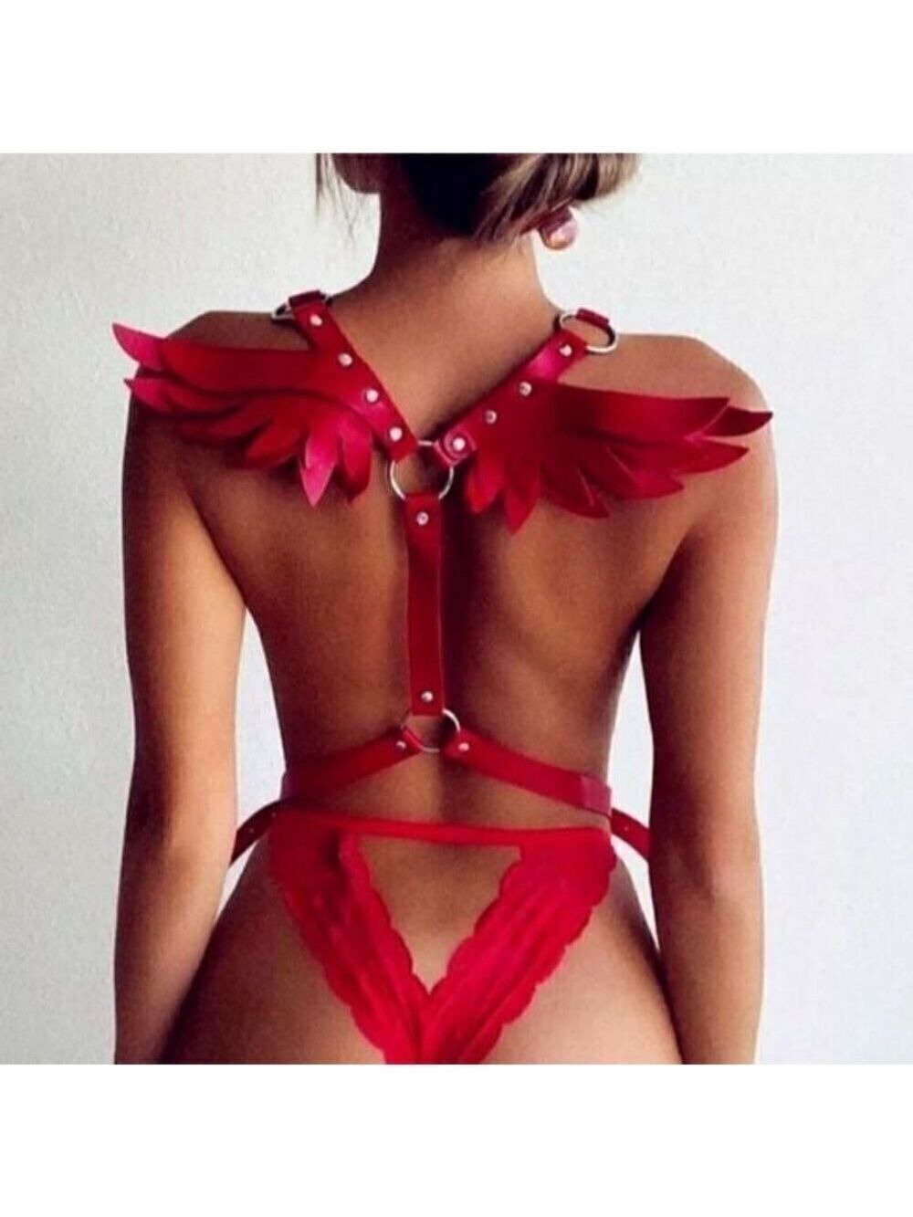 RED Leather Harness Angel Wing Garter Belt Waistband Slave Fetish Bondage BDSM